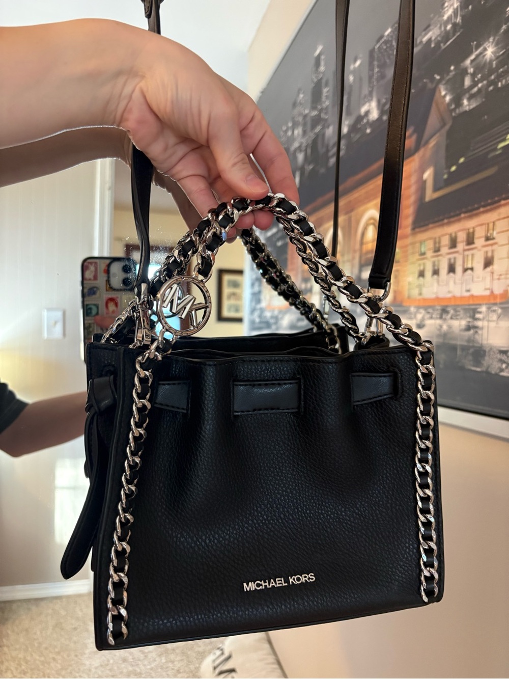 Michael Kors Black Leather Mini Shoulder Bag with Silver Chain Detail - Picture 4 of 7